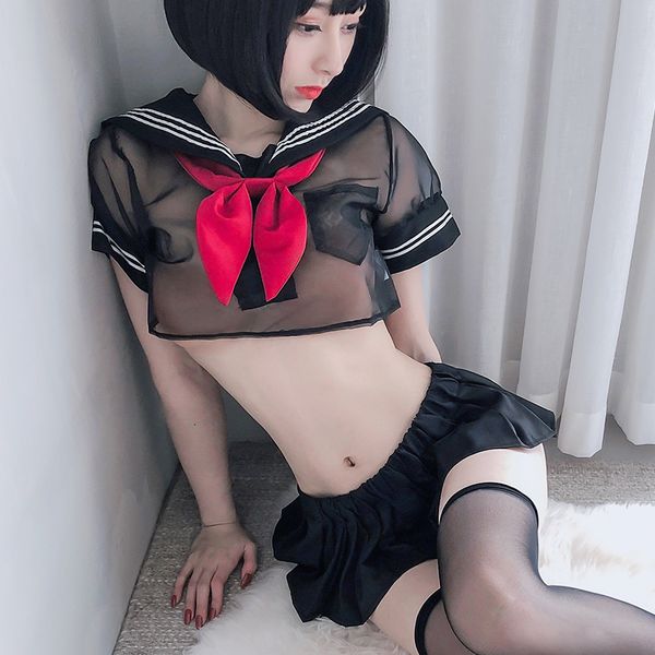 

2021 new schoolgirl lingerie student uniform pink black transparent miniskirt role play skirt for erotic cosplay outfit, Red;black
