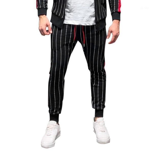 

harajuku casual fitness white stripe mens bodybuilding pocket skin full length sports pants streetwear drawstring length pants1, Black