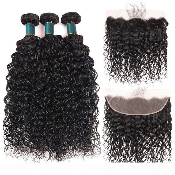 

brazilian water wave bundles with frontal peruvian malaysian remy human hair weave 3 bundles with 13*4 lace frontal wet and wavy, Black
