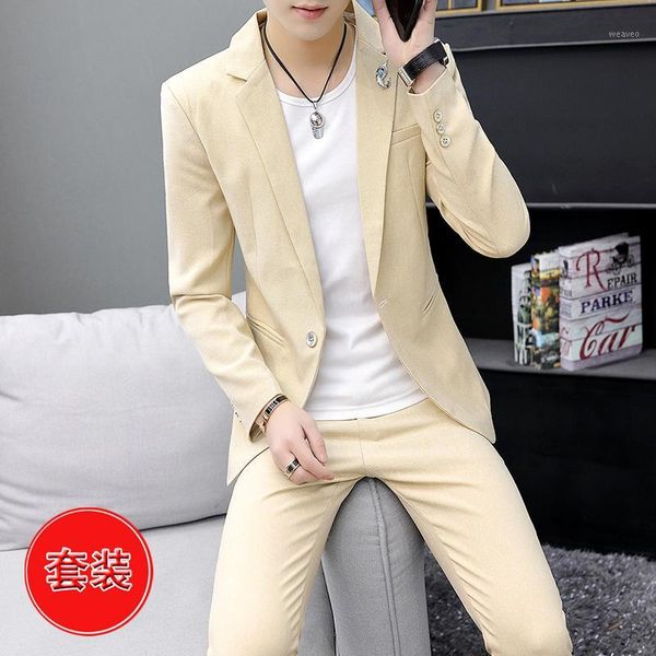 

2020 men's spring solid color casual suit youth fashion single button professional suit two pieces1, White;black