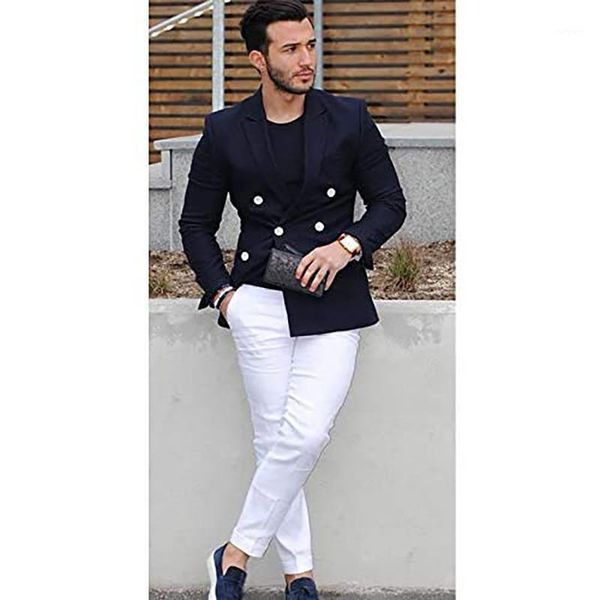 

men's double breasted button tuxedo sets formal business slim fit suits 2 piece jacket pants sets classic groom wedding blazer1, White;black