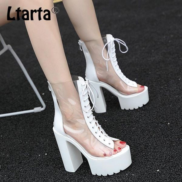 

ltarta 2020 new style autumn and winter shoes heel platform transparent fish mouth sandal lace -up boots -9958-b, Black