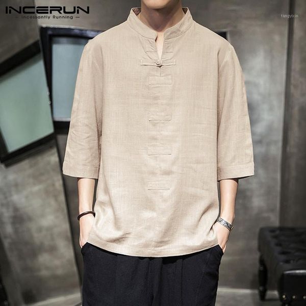 

incerun mens casual shirts cotton linen stand collar vintage chinese traditional tang suit 3/4 sleeve solid shirts men 20191, White;black