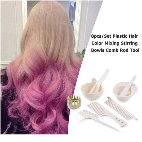 

8pcs/set professional plastic hair dyeing color mixing stirring bowls comb hairdressing rod salon dye styl jlltkv