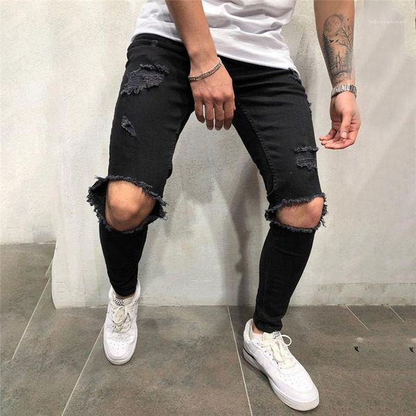 

man pencil pants with pocket casual panelled distrressed holes homme pants mens jeans designer mid waist black, Blue