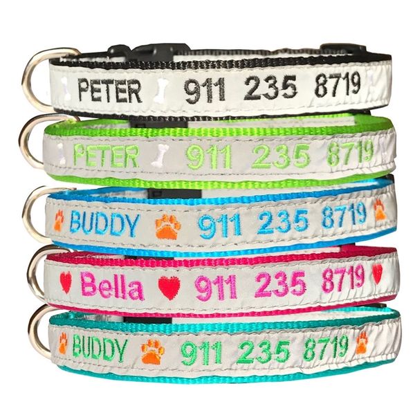 Colar de cão de bordado feita sob encomenda luz reflexo de nylon resistente na noite personalizado animal de estimação Corrente de tag Tag com Nome DIY Número de telefone LJ201112