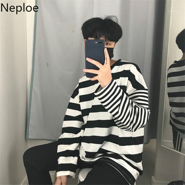 

neploe autumn korean harajuku stripe t shirts loose o-neck long sleeve t-shirt for men women oversized bottom tees 536601, White