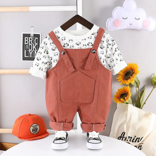 

selling printed panda pure cotton kid's t-shirt long sleeve clothes ultra-stretch suspender pants trousers boys' clothesx1019, White