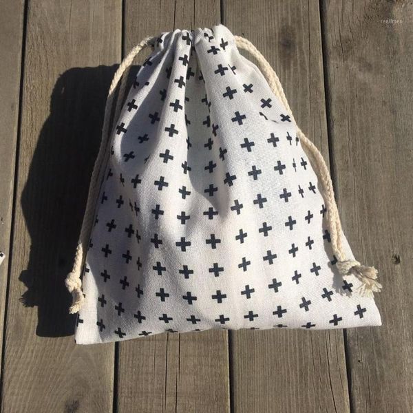 

1pc cotton linen drawstring pouch party gift bag print black cross yl420a1