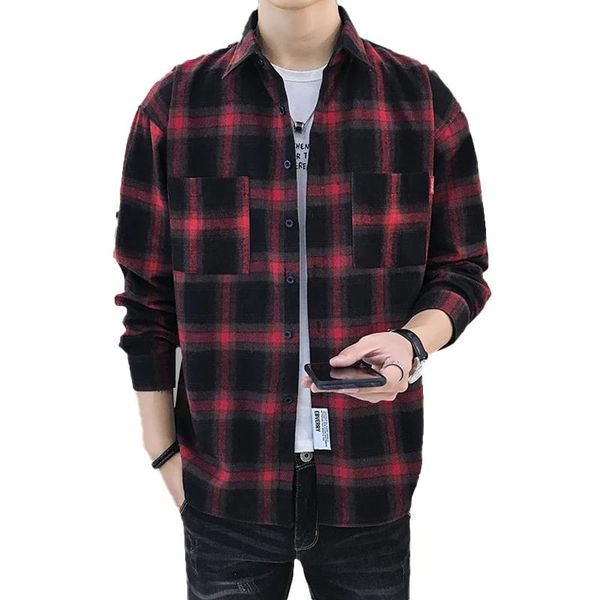 

fashion red plaid shirt men clothing cotton casual shirts 2021 new spring long sleeve shirt mens chemise homme autumn brand, White;black