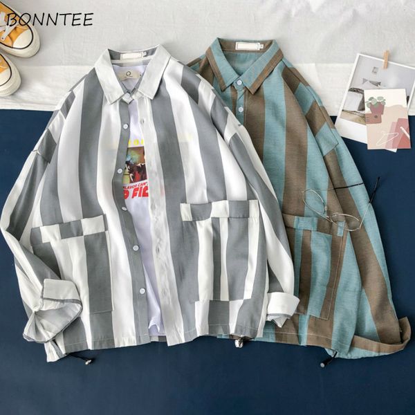 

men shirts striped single breasted pocket turn-down collar autumn fashion casual all-match ulzzang korean style retro loose new 1022, White;black