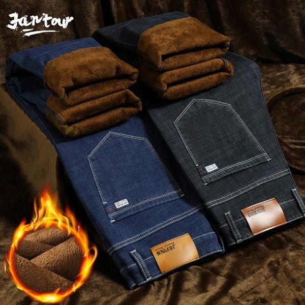 

winter warm fleece men's jeans thick stretch denim jean straight male brand cotton pants men large size 35 40 42 44 201116, Blue