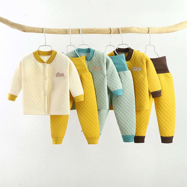 

cotton children's three-layer clip thermal underwear set boys and girls' thickened belly protecting pajamas baby autumn pants hous, Blue;red