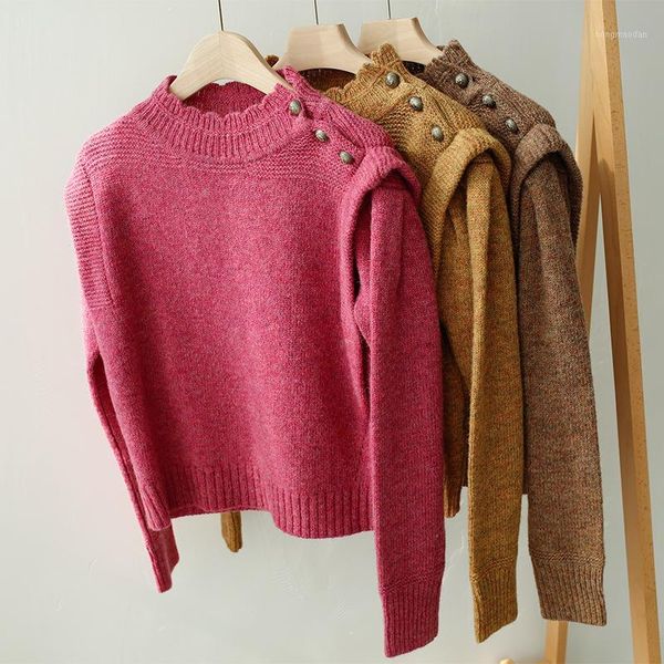 

womens ruffles tirm wool knitted sweater long sleeve turtleneck long sleeve autumn winter knit pullover femme shoulder butto1, White;black