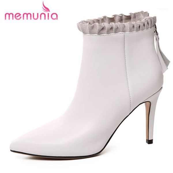 

memunia 2020 new ankle boots high heels boots thin heels fashion women shoes winter genuine leather pointed toe1, Black