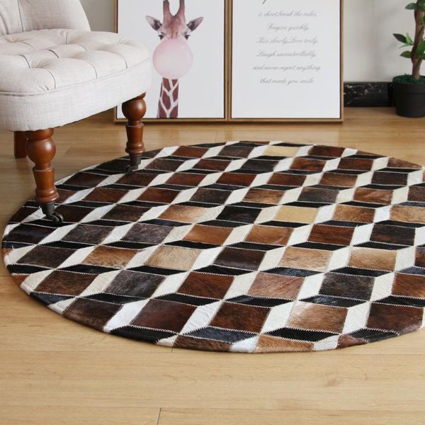 

2020 new patchwork cowhide rug circle cow fur carpet leather cow hide area round cowskin carpet