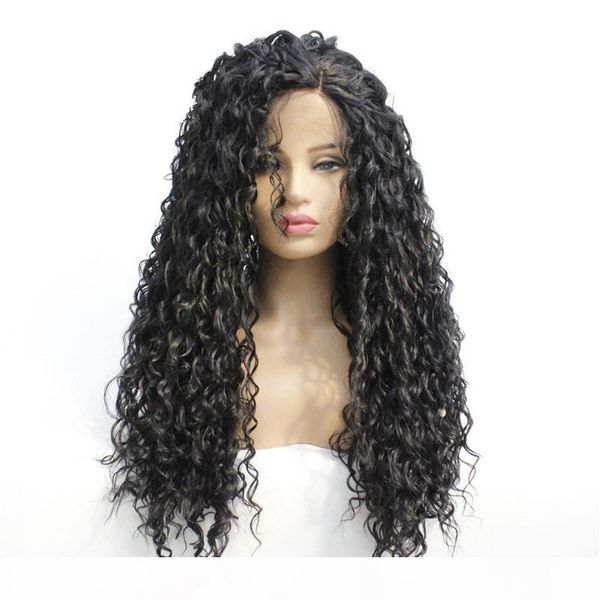 

1b# color kinky curly synthetic lacefront wig 14~26 inches pelucas high temperature fiber lace front wigs 180717-1b, Black;brown