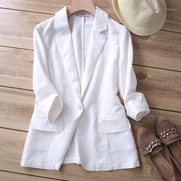 

women linen blazer 2021 autumn new breathable linen blend long sleeve blazer women casual1, White;black