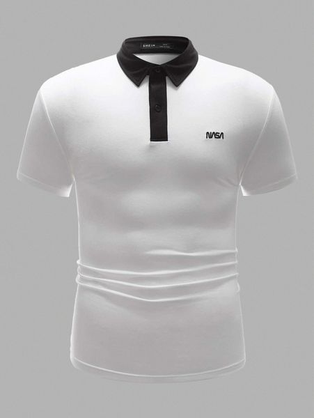 

men letter graphic contrast collar polo shirt m5l5#, White;black