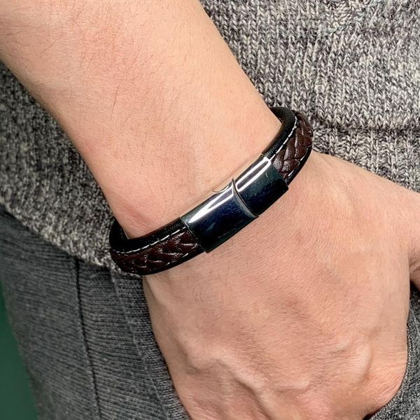 

retro business men's black brown woven leather bracelet stainless steel magnetic buckle fashion simple charm bracelet 7-sp00121, Golden;silver