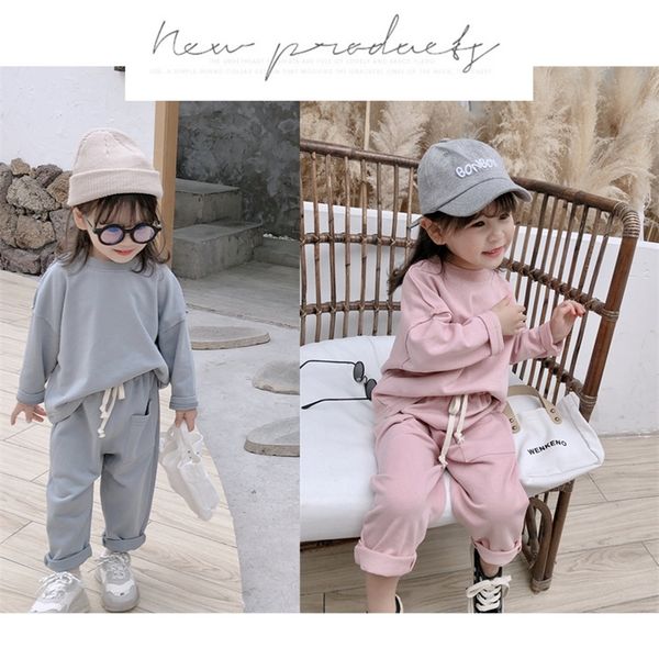 

children spring solid color leisure long sleeve with pant cotton sport sets baby boys and girls loose two-piece suits y200325, White