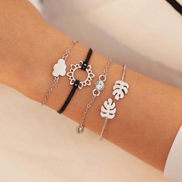 

link, chain bohemian style gold silver color metal pendant charm zircon rope bracelets for women, Black