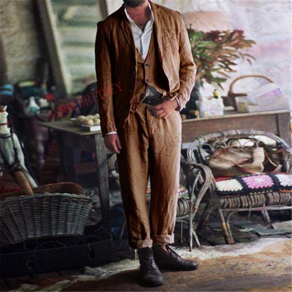 

2020 summer suit men slim fit 3 pieces linen beach men suits for wedding casual blazer dress groom tuxedo jacket vest pants set1, White;black