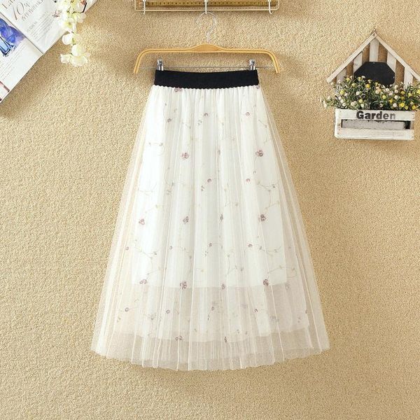 

spring summer a line ball gown skirts net yarn mid-calf full skirt fairy feminine long womens lace gauze kg-1108, Black
