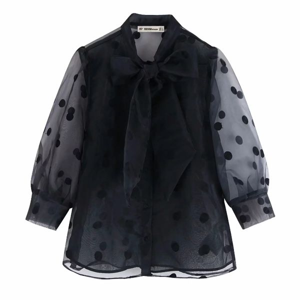 

new women fashion bow tie collar polka dots embroidery black organza blouse ladies transparent chic shirts femininas t200320, White