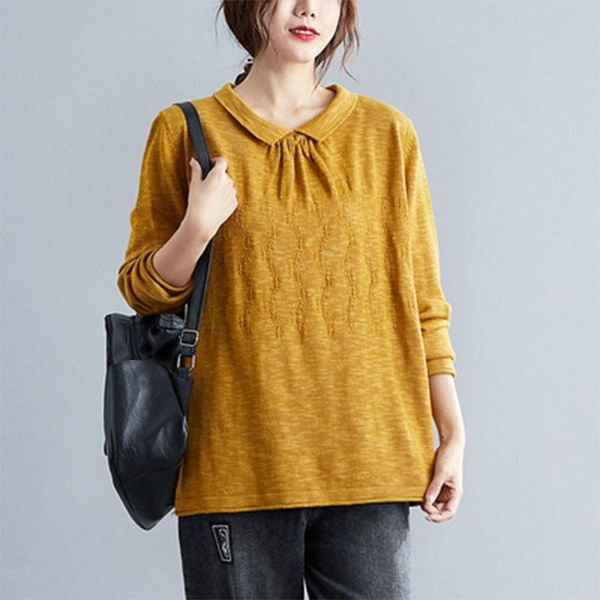 

spring autumn new korea fashion women long sleeve turn-down collar tee shirt femme knitted jacquard casual loose tshirt s6, White