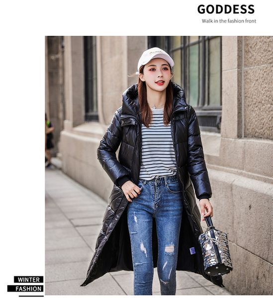 

2021 new ladies of long winter to thick warm white down jacket with hood ...h00148 epte, Black