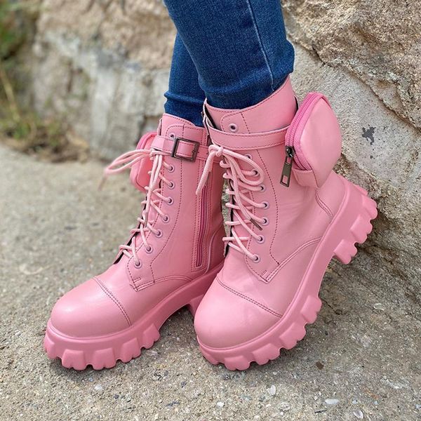 

women boots 2021 autumn chunky boots platform shoes women leather pocket motorcycle white botas mujer heels ankle female1, Black