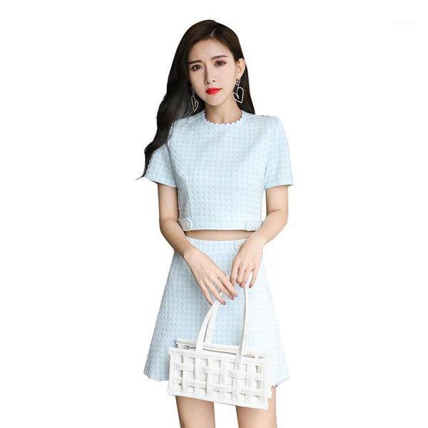 

summer women fashion blue plaid sets two piece outfits short sleeve o-neck + high waist mini skirts korean women's clothes1, White