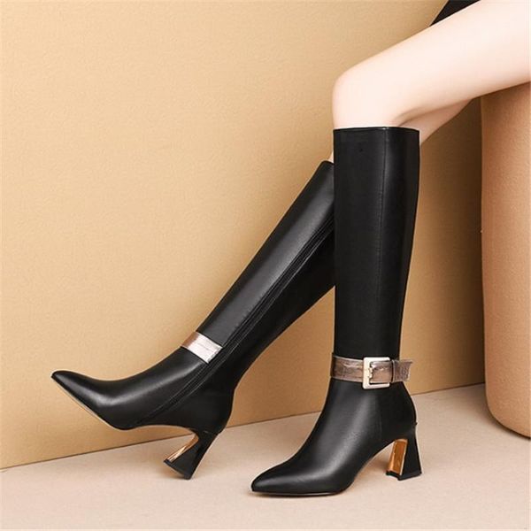 

pxelena plus size 34-43 brand new women knee high boots strange heels real cow leather buckle fashion long boots winter shoes, Black