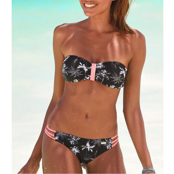 

bikini 2019 women bandeau low waist swimsuit sleeveless print swimwear female bathing suit biquini summer beachwar, Black;white