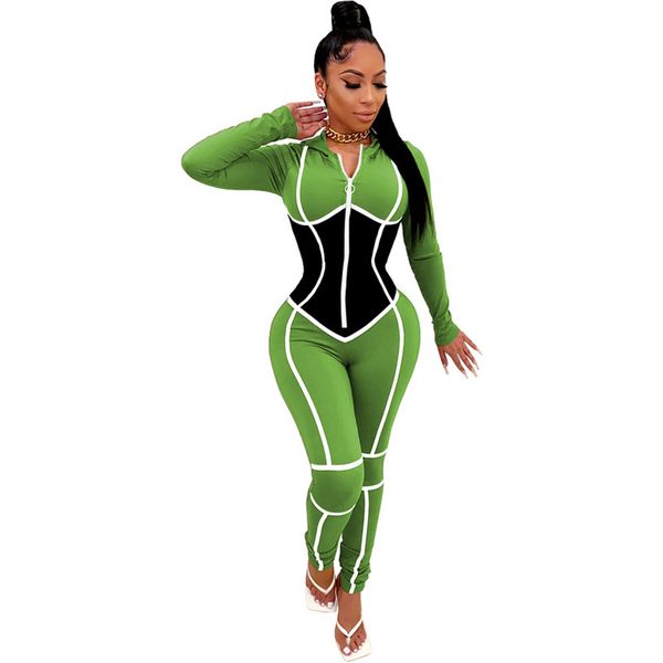 

fashion panelled womens skinny rompers casual contrast color womens jumpsuits hooded designer with zipper womens clothing, Black;white