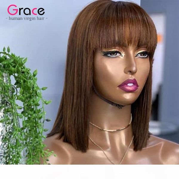 

#4 colored short bob wig with bangs for black women straight human hair pixie cut malaysian remy gluless wig 150% dark brown non lace wig, Black;brown