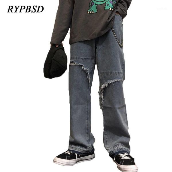 

loose straight jeans for men spring new 2020 fashion retro washed holes denim pants mens hip hop jeans wide leg trousers1, Blue