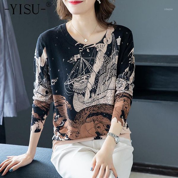 

yisu autumn winter sweater women loose pullover knitted sweater fashion print long sleeve jumper o-neck women1, White;black