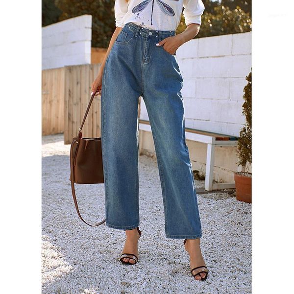 

2020 autumn fashion blue pure cotton high waist straight all-match trend street denim trousers wide leg pants women #35201