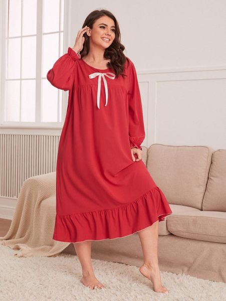 

plus bow front flounce sleeve ruffle hem nightdress e91y#, Black;white