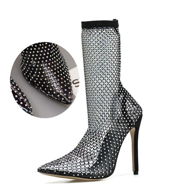 

2021 new summer bling strass pointed to boots stiletto toe shoes 11.5cm high female glass heels mesh sandals exsm, Black