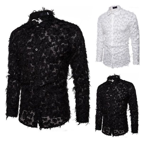 

2020 spring long sleeve men's shirt handmade three-dimensional feather lapel long sleeve shirt men clothes 20201, White;black