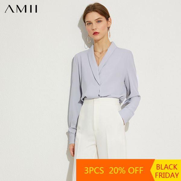

amii minimalism autumn olstyle chiffon solid women blouse causal vneck full sleeve loose female blouse 1317 201130, White