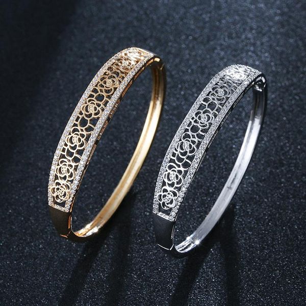 

bangle hibride fashion cubic zirconia paved big bangles jewelry for women flower shape crystal cz dubai bracelet party b-160, Black