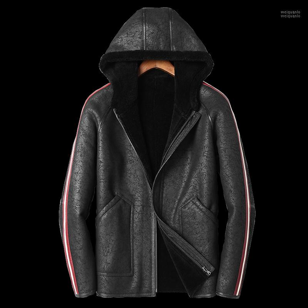 

dk new hooded sheepskin leather fur men winter warm thicken fur clothing natural sheep coat1, Black