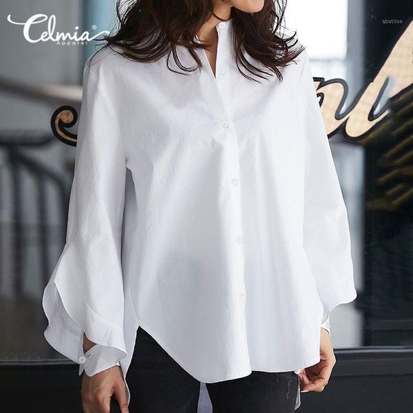 

women's blouses & shirts elegant work women 2021 celmia solid long flare sleeve ruffles shirt casual asymmetrical ladies blusas femini, White