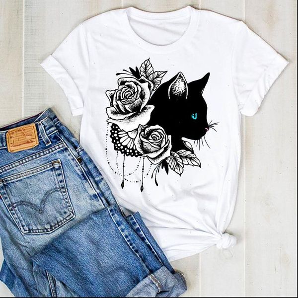 

women lady cartoon cat flower 90s pet short sleeve summer ladies t tee tshirt womens female shirt clothes graphic t shirt, White