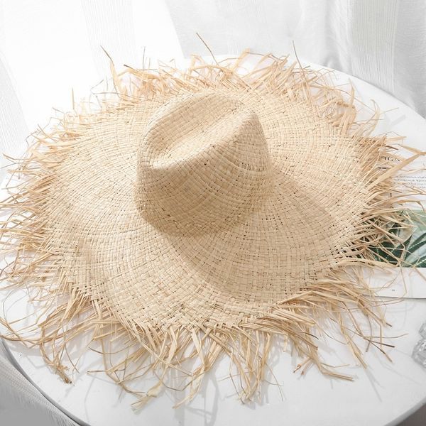

natural large wide brim floppy hat raffia jazz straw hat women summer fringe beach cap hand weave sun hat wholesale y200602, Blue;gray