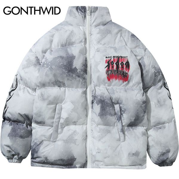 

gonthwid creative graffiti ink tie dye print parka jackets streetwear hip hop hipster punk rock cotton padded puffer parkas coat 201204, Black